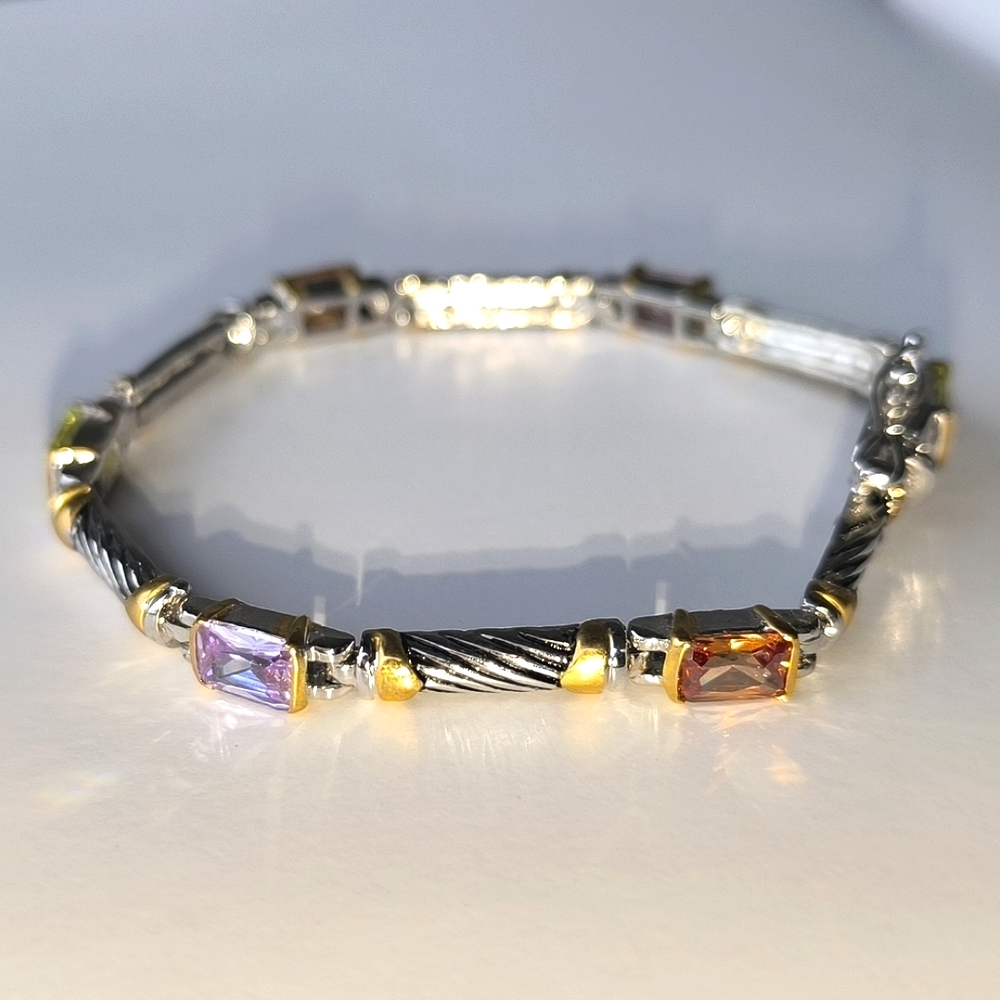 Rainbow Silvertone And Goldtone Bracelet With Multi Color Crystals